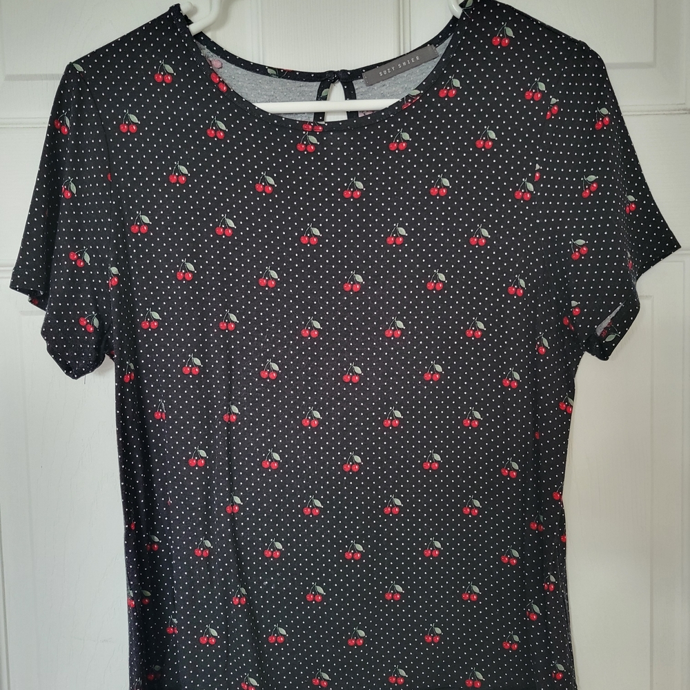 Suzy Shier Black Short-Sleeve Top with Red Cherry Print